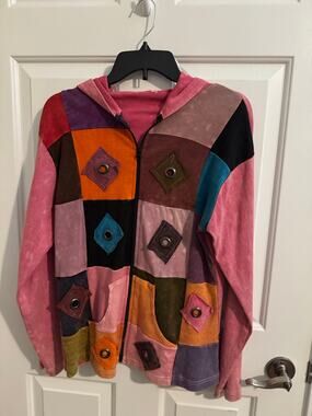 Jar Nepal Cotton Patchwork Boho Hippie Festival Hoodie Jacket Pink Purple L